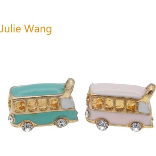Julie Wang 6pc School Bus Design Gold Base Enamel Necklace Charms Pendants DIY Bracelet Hanging Jewelry Craft Findings Accessory