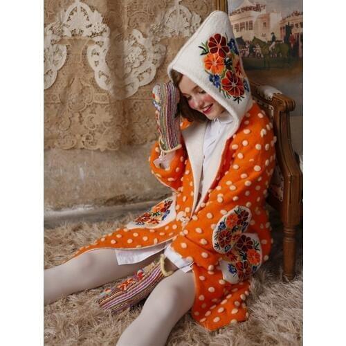 Free Shipping Women Winter Sweet Cute Mori Girl Hooded Woolen OvercoatThree-dimensional Jacquard Embroidery Thick Warm Outerwear