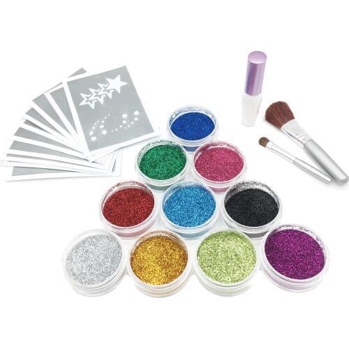 Big 10 Colors Glitter Tattoo Kit Temporary Tattoo Stencil Body Gem Cosmetic Brushes Template Glue Flash Powder Face Painting Art