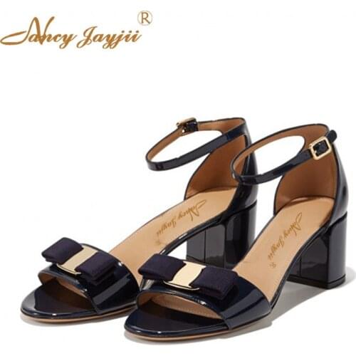 Black Patent Leather Cute Bow Ankle-Wrap Sandals Women Summer Chunky Heels Red Blue Nude Buckle Strap Large Size 5-11 Shoes