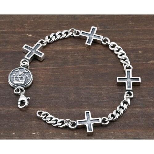 Real 925 Sterling Silver men women lovers' Punk Rock skull cross Link chain bangle Bracelet jewelry gift A5650