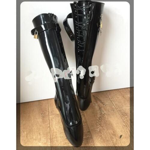 Black Shiny Ballet Heels Knee High Boots Women Lace Up Booties Custom Wide Calf Boots Unisex Fetish Tiptoe Heels Dominatrix Shoe