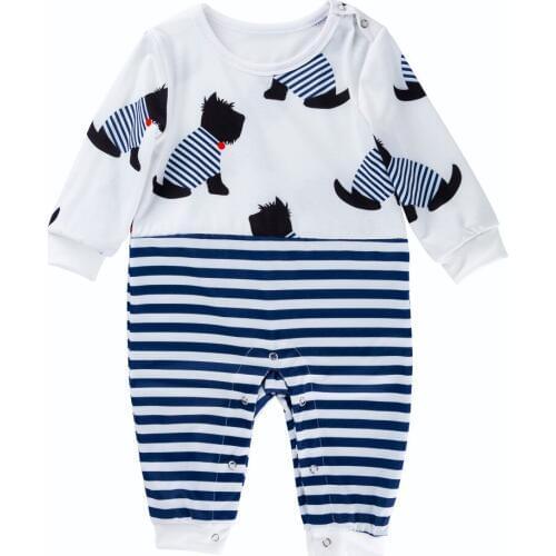 Autumn Baby Girls Toddler Long Sleeve O Neck Cartoon Dog Striped Rompers Cotton Infant Boys Casual Jumpsuits Kids Clothes