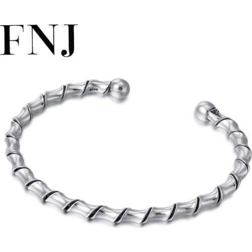 FNJ Fashion Bamboo Bangle 925 Silver Adjustable Size 56mm Original S925 Sterling Silver Bangles for Women Men Jewelry