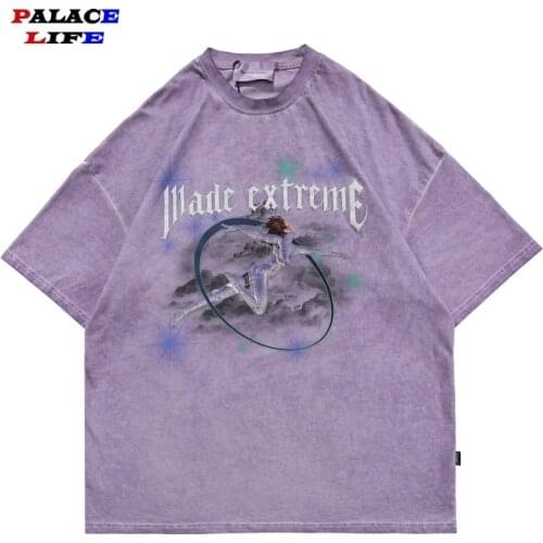 Men Hip Hop Oversize T-Shirt Streetwear Robot Girl Letter Print Washed T Shirt Harajuku Cotton Loose Summer Short Sleeve Top