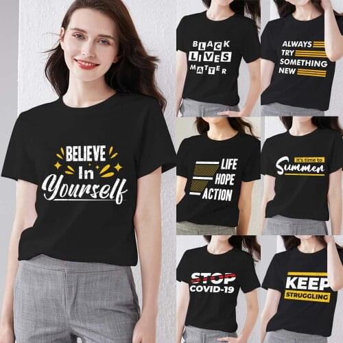 Summer T-shirt Womens Fashion Casual Street Fashion Short Sentence Print Pattern Series Top O-Neck Slim Comfort Commuter Shirt