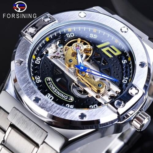 Forsining Hot Transparent Mechanical Watch Men Gold Bridge Blue Automatic Movement Stainless Steel Belts Brand Relogio Masculino