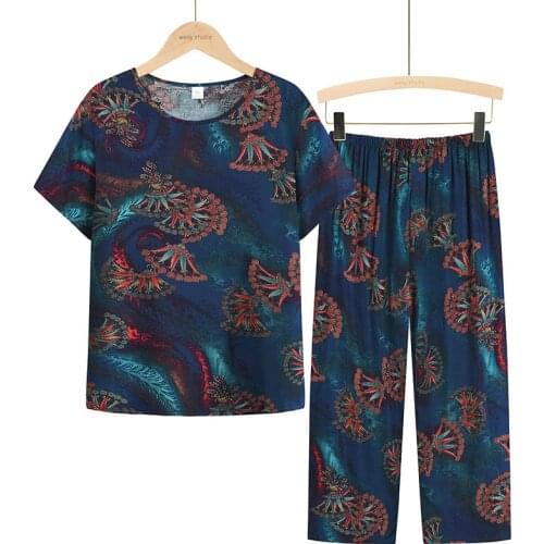 Mom Striped Colorful Sleepwear Short-sleeved Lounge Pajama Sets 3XL Flower Print Nighty Cotton And Linen Women Home Clothes Suit