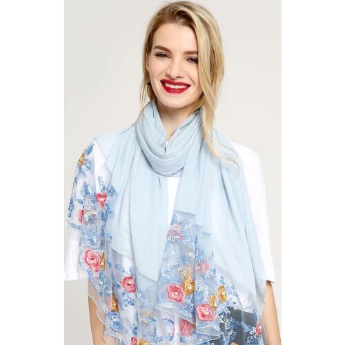 2018 Newest Beautiful Floral Embroidery Lace Pearl Scarf Shawls Plain Color Rose Cotton Lace Wraps Hijabs 12Colors 10pcs/Lot