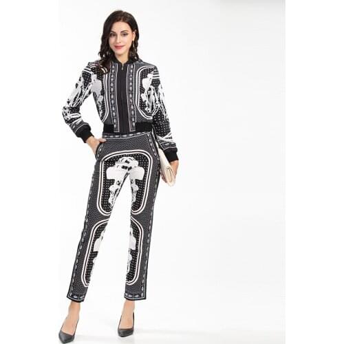 MIUXIMAO 2021 New Autumn Womens Sets Printing Zipper Top + Trousers Two Piece Suit Fashion Casual Chinese Style