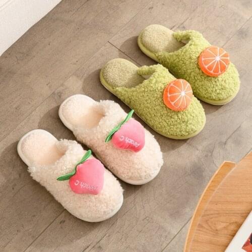 Autumn and Winter New Leisure Indoor Cotton Slippers Korean Curly Colorful Fruit Thickened Plush Slippers