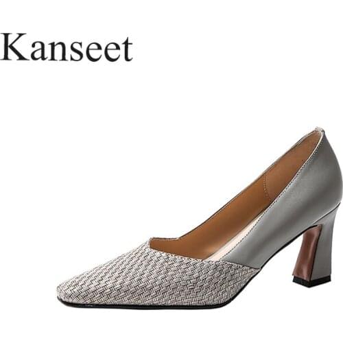 Kanseet New Womans Pumps 2021 Spring Autumn Fashion Weave Patchwork Genuine Leather Elegant Handmade Shallow High Heels Shoes