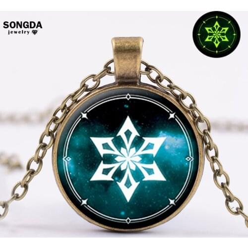 Genshin Impact Pattern Necklace Metal Silver Gold Chain Luminous Glowing Dome Glass Ball Long Necklace Jewelry Accessory Gifts