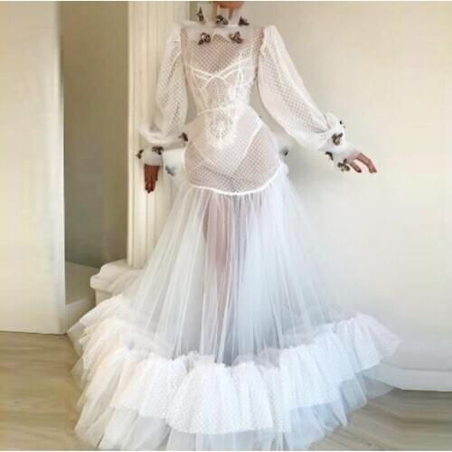 Illusion Prom Dresses Long Sleeves Appliques Sheer Neck Tiered Tulle Long Sleeves Evening Gowns See Through African Vestidos
