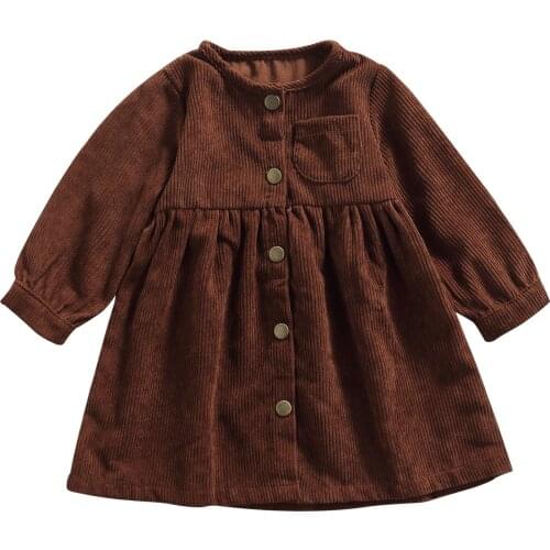 Lioraitiin 1-6Years Toddler Baby Girl’s Casual Long Sleeve Dress Solid Color Round Neck Single-breasted A-line Dress