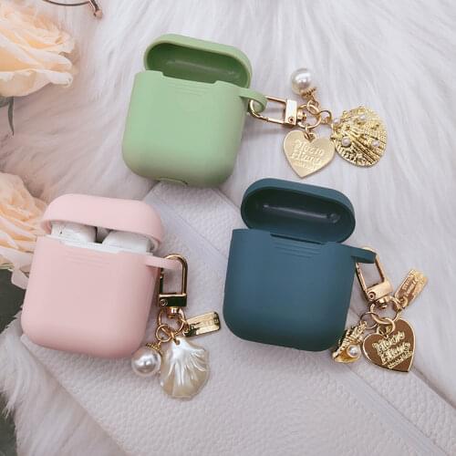 Luxury Pearl Shell Pendant Decor for AirPods 2/1 Bluetooth Wireless Silicone Earphone Case Cover With Cute Metal Keychain