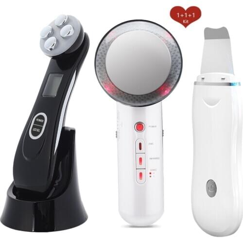 Ultrasoic Skin Scrubber Face Cleaning Peeling Machine + RF EMS LED Light Facial Massager+Far Infrared Body Slimming Fat Burner
