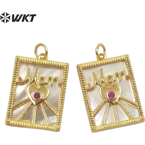 WT-MP222 Newest Gold bezel white Shell Love Mom Series pendant Micropave cubic zircon Letter Mom pendant for necklace