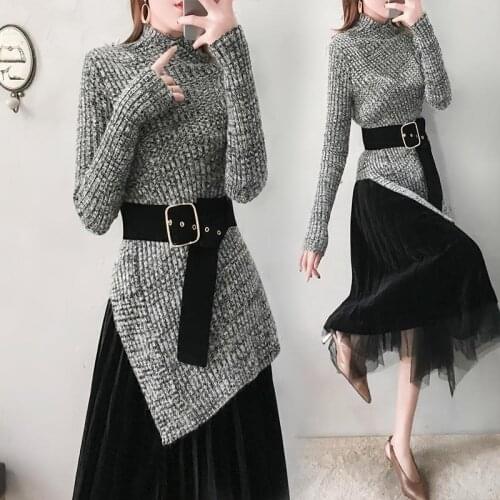Women 2021 Autumn Winter Elegant Turtleneck Sweater Pullover Top and Mesh Skirt Two Piece Set Female Office Vintage Outfits C376