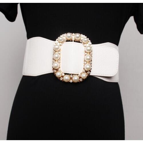 Womens runway fashion pearl buckle elastic Cummerbunds female Dress Corsets Waistband Belts decoration wide belt R3176