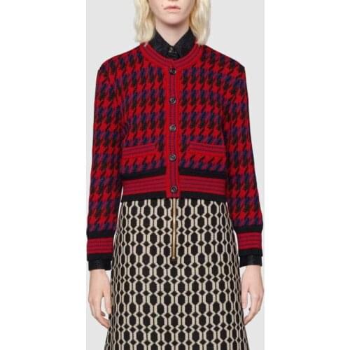 Runway Cardigan Women 2021 New Houndstooth Plaid Red Knit Cardigan Jacket Single Breasted O Neck Sweater Coat Female Knitwear