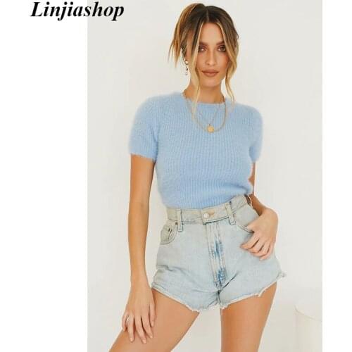 Elegant casual womens cropped sweaters short sleeve o neck spring summer outwear woman solid knitted crop top