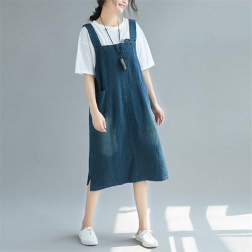 Plus Size Spring Summer 2019 new Women Casual Loose Pockets Sleeveless Dress Long Solid Denim Dress Female Vestidos Oversized