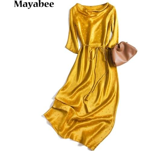 Designer Heavy Silk Satin Love Print One-Neck Womens Dress For Spring And Summer 2021 New Gold