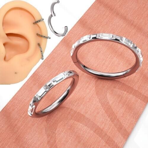 1PC Titanium Hinged Segment Septum Clicker Rectangular zircon Hoop Ring Nose Labret Ear Tragus Helix Cartilage Daith Earrings