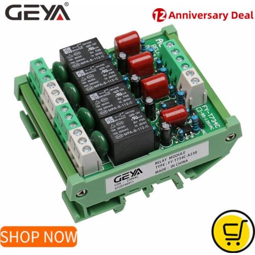 GEYA Din Rail 4 Channel Relay Module 1 SPDT DIN Rail Mount 12Volt DC 24Volt DC Interface Relay Module 230VAC