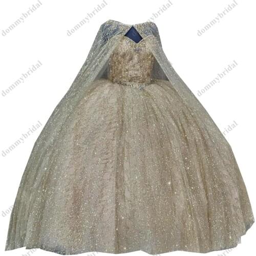 Sparkly Gold sequin Tulle Quinceanera Dresses with Cape Robe Sweetheart Big Wrap Queen Designer Prom Formal Evening Party Dress
