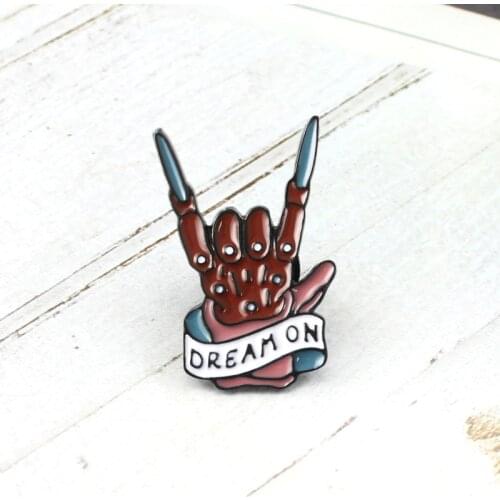 Gothic Skeleton Hand Brooch DREAM ON Rock Band Cool Gesture Enamel Pins Rockin'Rock Denim Jackets Custom Badge Fans Punk Gifs