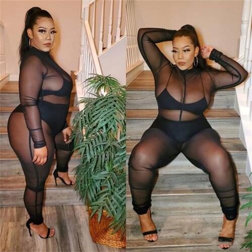 OMILKA 5XL Black Mesh Rompers and Jumpsuits 2020 Summer Women Long Sleeve See Through Club Party Plus Size Overall Without Inner