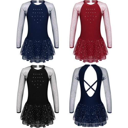 2021 Kids Girls Ballet Dress Rhinestone Glittering Mesh Long Sleeve Dance Costume Skirt Built-in Briefs Stage Skating Dancewear