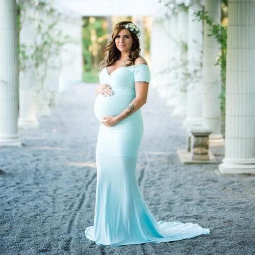 Elegence Shoulderless Maternity Shoot Dress Cute Pregnancy Photography Dress For Baby Shower Pregnant Women Maxi Gown Photo Prop