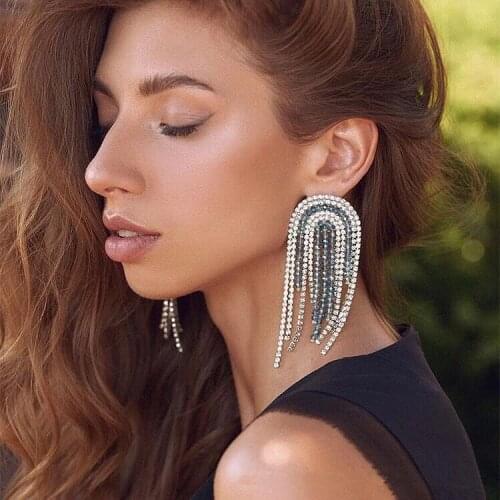 Red Blue Acrylic Rhinestone Long Tassel Wedding Drop Earrings for Women Bridal Luxury Crystal Big Dangle Earrings Jewelry Gift