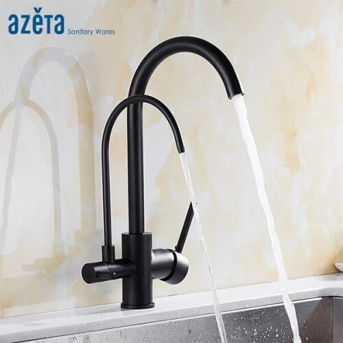 Azeta Modern Style Black Brass Kitchen Drinking Water 3 Way Faucet 360 Rotate With Water Purification Kitchen Mixer Tap AT2188B