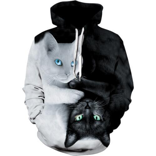 New 2020 womens black and white cat print floral hoodie fashion men and women casual long sleeve sweatshirt street wear coat