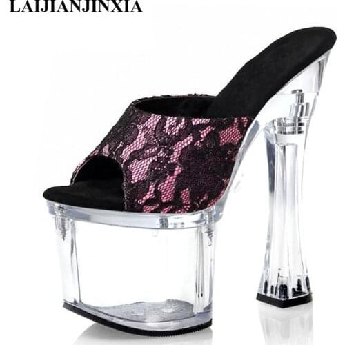 LAIJIANJINXIA New 7 inches Super High Heeled Shoes Dance Shoes Lace Sexy Fetish 18 Cm Thick Platform Models Party Slippers
