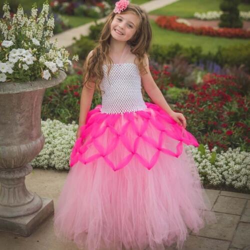 Girls Pink Vintage Princess Tutu Dress Baby Crochet Mesh Dress Ball Gown with Flower Hairbow Kids Birthday Party Costume Dresses