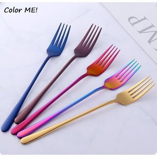 Colorful Dinner Fork 304 Stainless Steel Dessert Salad Forks With Long Handle Tableware For Kitchen Restaurant Party Steak Fork