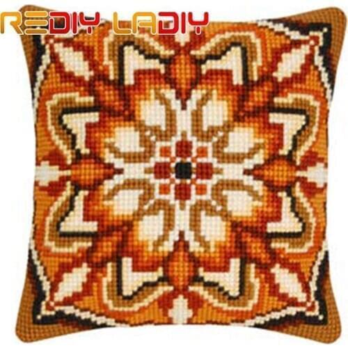 Cross Stitch Cushion Mandala Leaves Make Your Own Pillow DIY Chunky Cross Stitch Kits Printed Canvas Acrylic Yarn Pillow Case