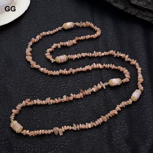 GuaiGuai Jewelry Natural Stone 45'' Natural Sunstone Gemstone Yellow Golden CZ Long Necklace