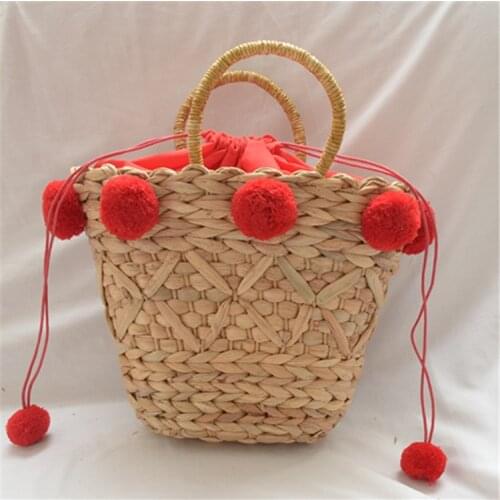 Womens Summer Bag New Red Hairball Straw Bag Large Capacity Tote Bohemia Bali Hoilday Rattan Handbag Bolsos Mimbre Rattan Bag