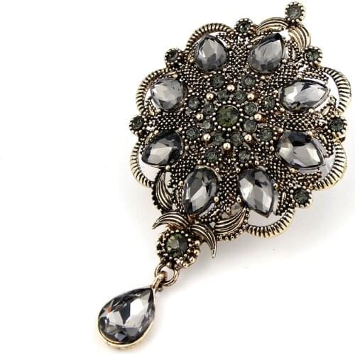 Sunspicems 2021 Vintage Indain Bohemia Gray Crystal Brooch Pendant For Women Morocco Algeria Flower Banquet Wedding Jewelry Gift