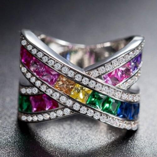Trend Cross Style Mystic Rainbow Crystal Ring For Women Fashion Colorful Zircon Ring Bridal Wedding Engagement Jewelry Gift