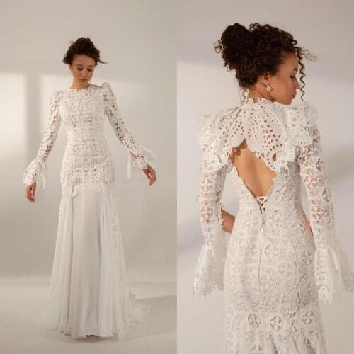 Vintage Mermaid Wedding Dresses with Wrap 2020 Jewel Neck Lace Beach Bridal Gowns Bohemian Long Sleeves Vestidos De Novia