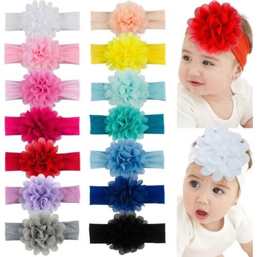 14Pcs Kids Girls Elastic Cotton Headbands With 4" Chiffon Flowers Infants Baby Toddler Soft Headwear Hair Accessories