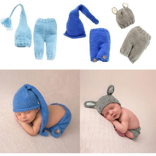 2 Pcs/set Baby Photography Props Costume Newborn Infant Pants Hat Suit Girls Boys Crochet Pant Doll Cap Photo Shooting Clothes
