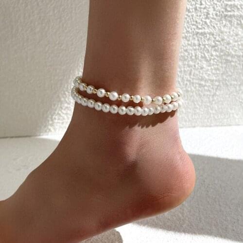 2 Pcs/Set Fashion Imitation Pearl Chain Anklets for Women Trendy Beach Anklets Bracelet Foot Chain Jewelry Gifts